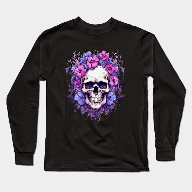 Skull and Purple Flowers Long Sleeve T-Shirt by VelvetRoom